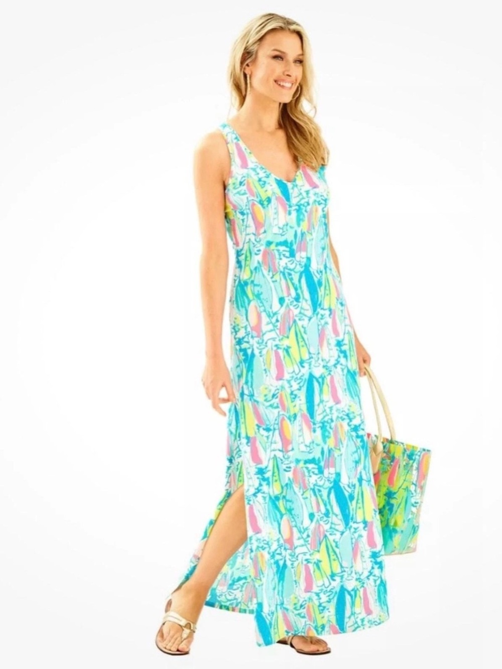 LILLY PULITZER Kerri Pima Cotton Maxi Dress Beach And Bae Print Size XS sailboat